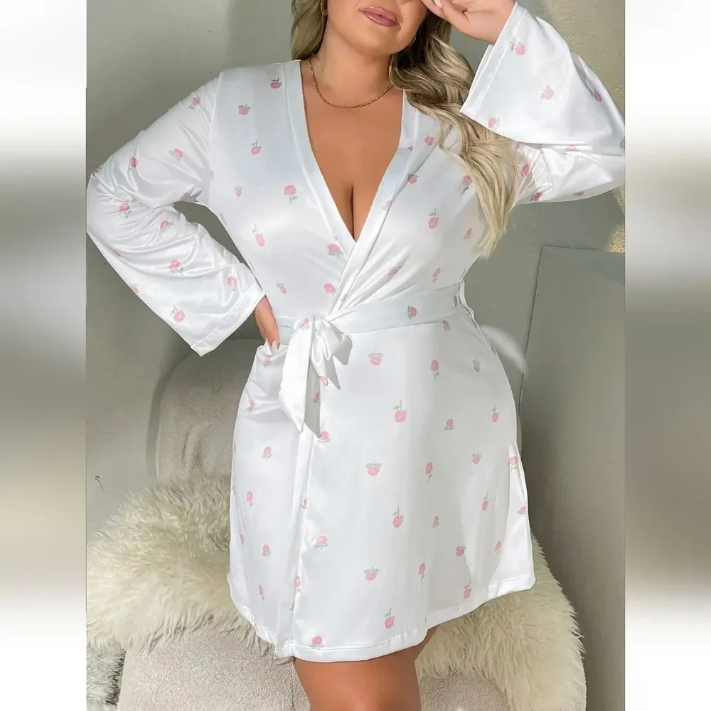 Womens Plus Size Satin Kimono Robe Lingerie Nightgown Sleepwear Silk Bathrobe US